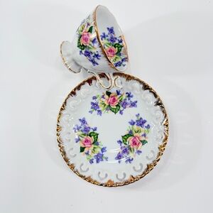 Vintage Footed Teacup Cup & Saucer Pink Rose Purple Flower Gold Gilt, H-B 3175